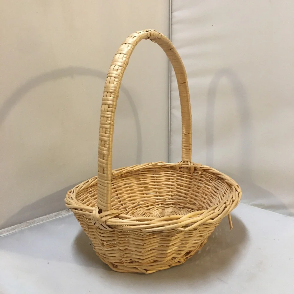 Wicker Gathering Basket Tan Woven Oval Gift Hamper Handle Easter Cottagecore